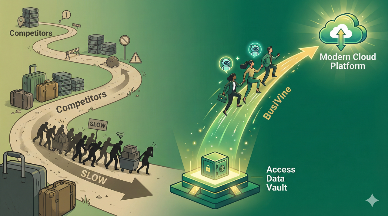 Infographic showing BusiVine leapfrogging competitors burdened by legacy SaaS codebases