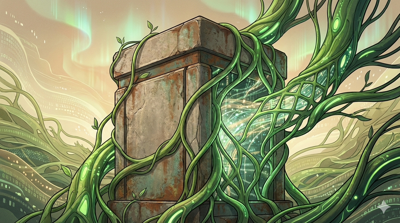 Illustration of the strangler fig migration pattern — modern platform gradually replacing legacy