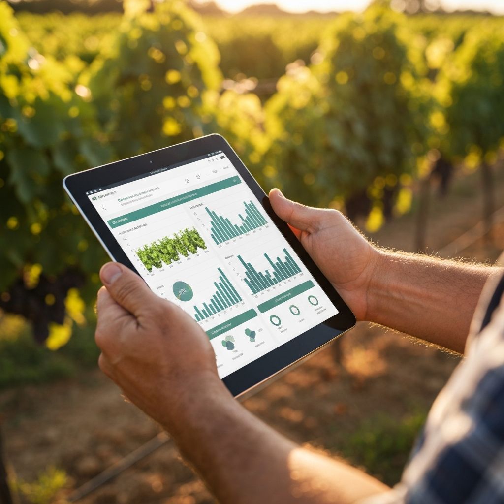 Farmer using BusiVine AI insights on a tablet in the field